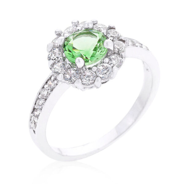 Green round cubic zirconia engagement ring in prongs, rhodium plated over lead free alloy (brass), with 0.88 ct total stone weight.