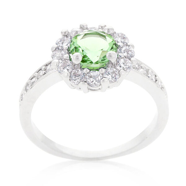 The ring with green round cubic zirconia in prongs and 0.88 ct total stone weight.