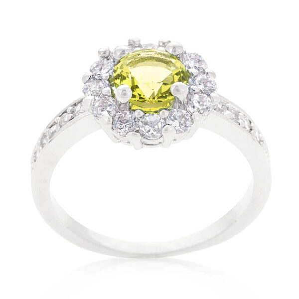 Yellow birthstone ring with round-cut cubic zirconia in prongs and 0.88 ct total carat weight.