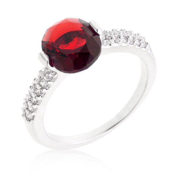 Red oval cubic zirconia engagement ring in a bar setting, rhodium plated over lead free alloy (brass).