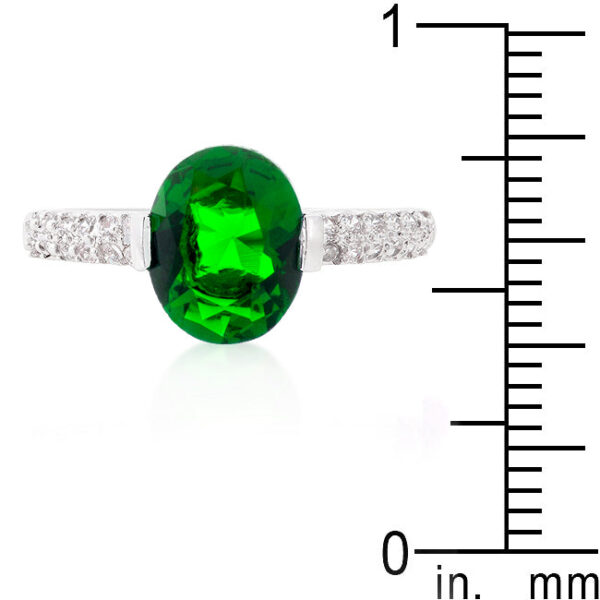 Green oval cubic zirconia in a bar setting on a rhodium plated over lead free alloy (brass) ring.