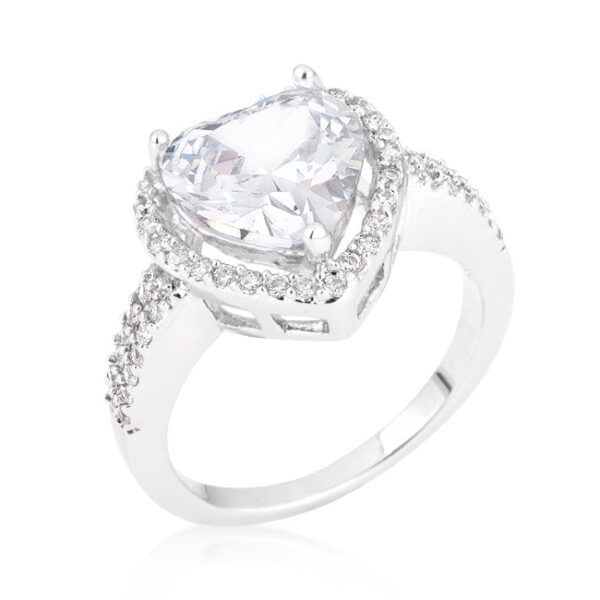 Heart ring with pink heart-cut genuine cubic zirconia in prongs and rhodium plated over lead free alloy (brass).