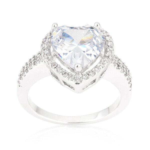 Pink heart-cut genuine cubic zirconia prong ring, rhodium plated over lead free alloy (brass), with 3.9 ct total stone weight.