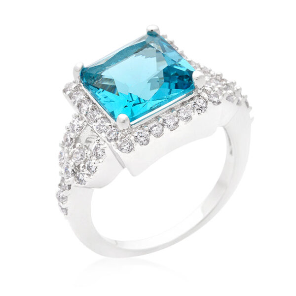 Halo-style cocktail ring with aqua blue princess-cut cubic zirconia in prongs