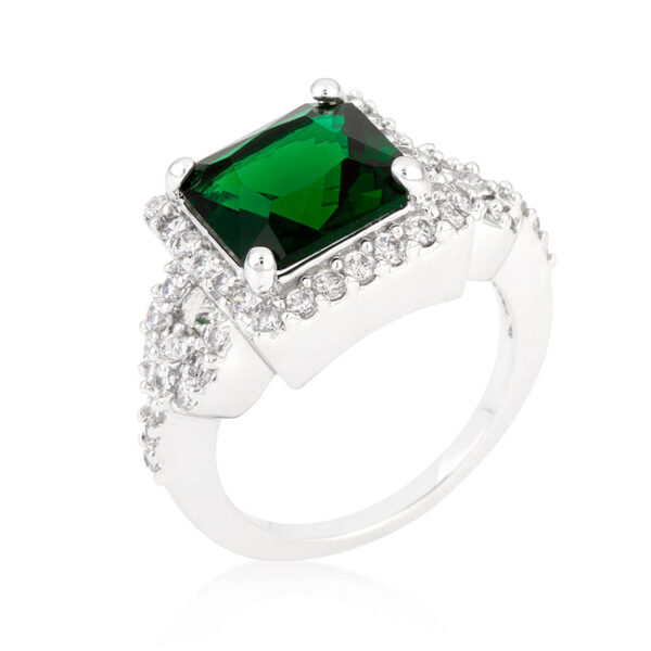 Halo-style princess-cut emerald-colored cubic zirconia cocktail ring in rhodium plated over lead free alloy (brass).