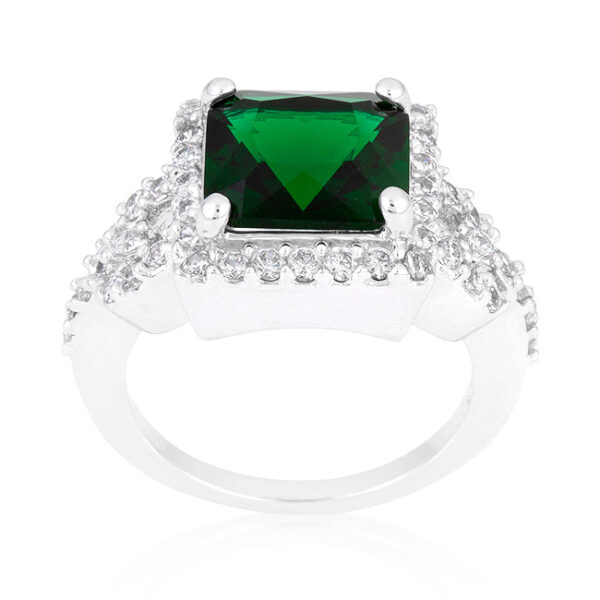 Princess-cut emerald-colored cubic zirconia cocktail ring in prongs with 3.8 ct total carat weight.