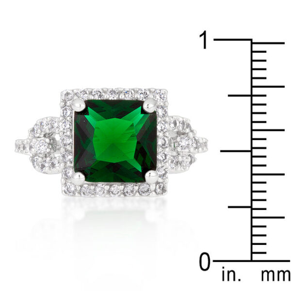 Emerald-colored cubic zirconia halo-style ring, rhodium plated over lead free alloy (brass).