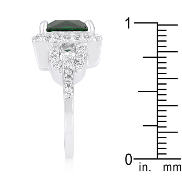 Halo-style cocktail ring with princess-cut emerald-colored cubic zirconia, prongs, and a 2 Mm width.