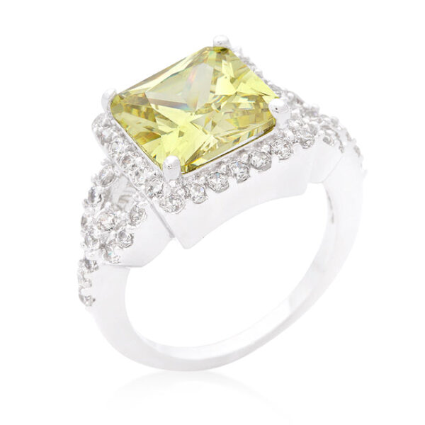 Halo-style ring with peridot-colored Princess cubic zirconia in prongs, rhodium plated over lead free alloy (brass).