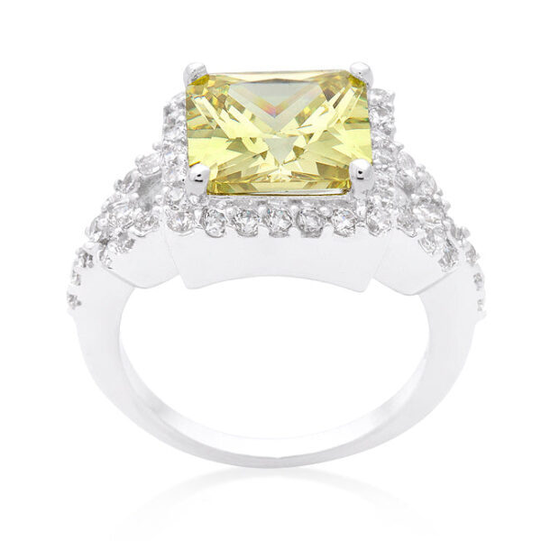 Peridot-colored Princess cubic zirconia halo-style ring, rhodium plated over lead free alloy (brass).
