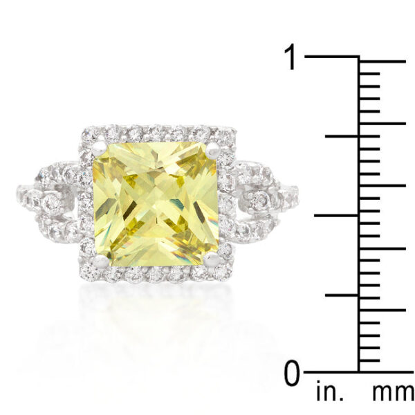 Genuine peridot-colored cubic zirconia ring in prongs with 3.8 ct total stone weight.