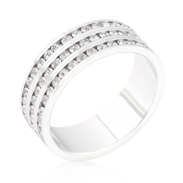 The band with blue round genuine crystals in a channel setting, rhodium plated over lead free alloy (brass), 7 Mm wide.