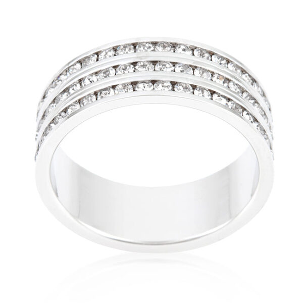 Blue round genuine crystal eternity band in a channel setting, rhodium plated over lead free alloy (brass), with 1.2 ct total stone weight.