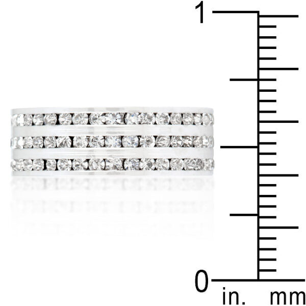 Triple-row blue genuine crystal band with a channel setting, rhodium plated over lead free alloy (brass), measuring 7 Mm wide.