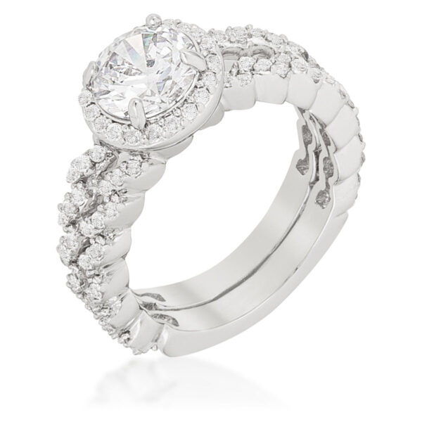 The set with neon pink round cubic zirconia in prongs, rhodium plated over lead free alloy (brass).