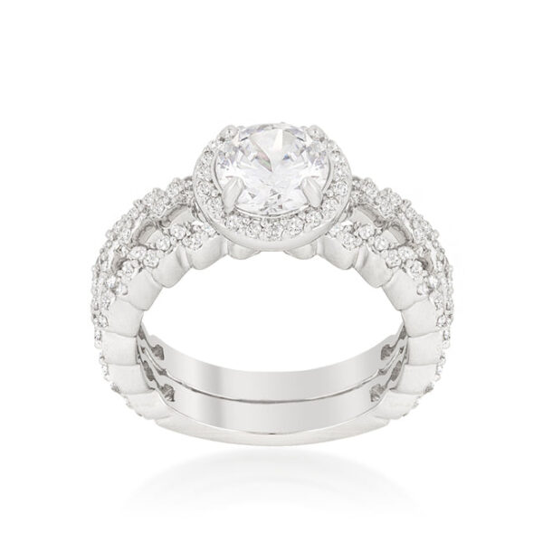 Neon pink round cubic zirconia wedding set in prongs with 2.52 ct total stone weight.