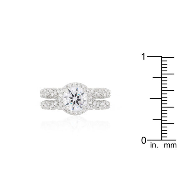 Zig zag engagement and wedding set with 7.4 Mm neon pink round cubic zirconia in prongs.