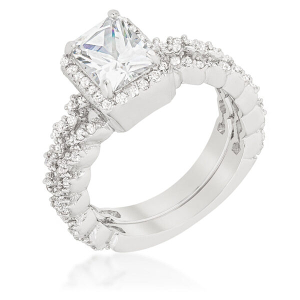 Halo wedding set in rhodium plated over lead free alloy (brass) with cubic zirconia in and round cuts and prong settings.