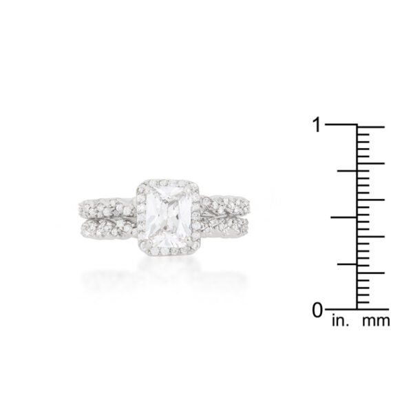 Cubic zirconia wedding set in rhodium plated over lead free alloy (brass) with and round cuts.
