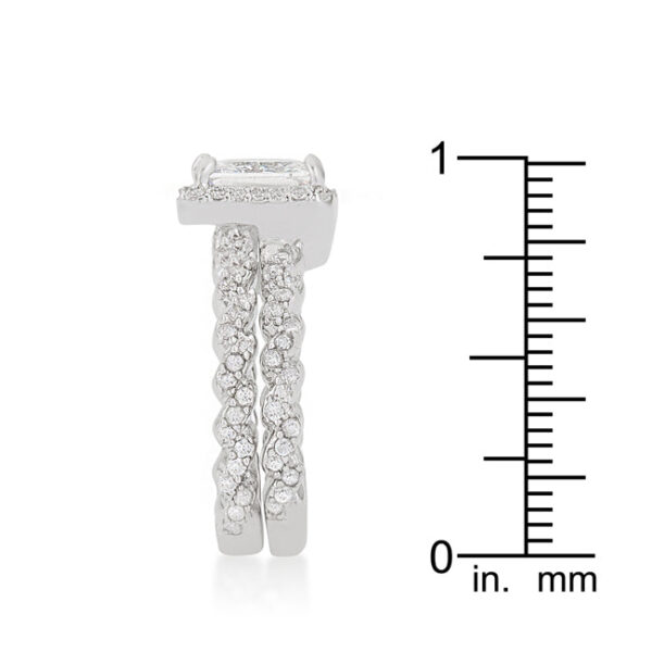 Prong-set cubic zirconia ring set in rhodium plated over lead free alloy (brass) with a 5.5 Mm width.