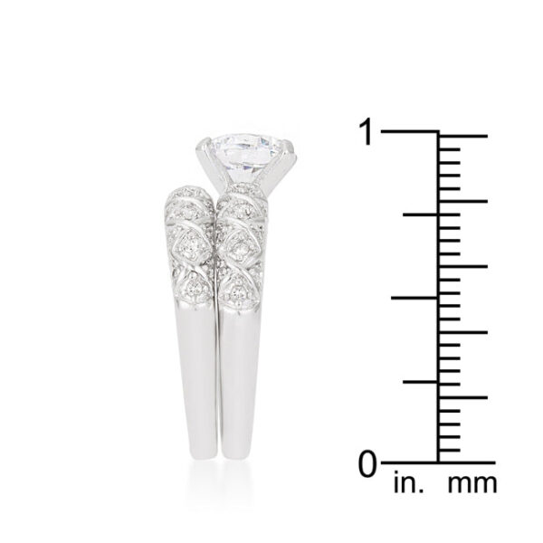 Wedding set with 2.15 ct total stone weight of pink round cubic zirconia in prongs, rhodium plated over lead free alloy (brass).