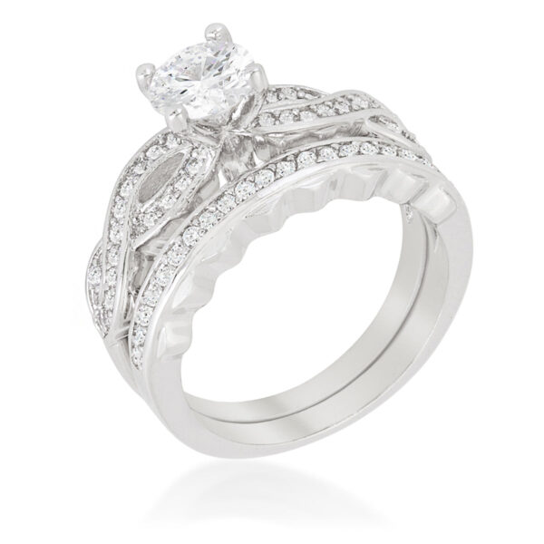 Bridal ring set with round cubic zirconia, 1.54 ct total stone weight, and rhodium plated over lead free alloy (brass).