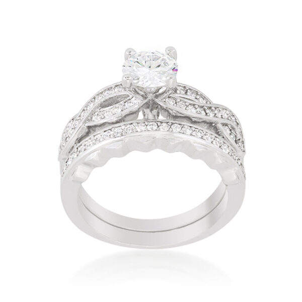 The set with round cubic zirconia in prongs, 1.54 ct total stone weight, rhodium plated over lead free alloy (brass).