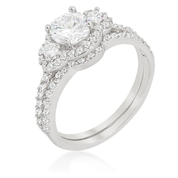 Rhodium plated over lead free alloy (brass) wedding set with round cubic zirconia in prongs.