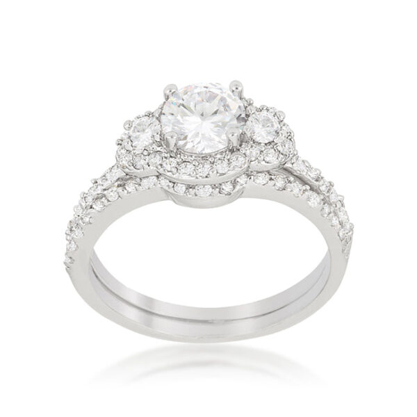 Round 6 Mm cubic zirconia in prongs on a rhodium plated over lead free alloy (brass) wedding set.