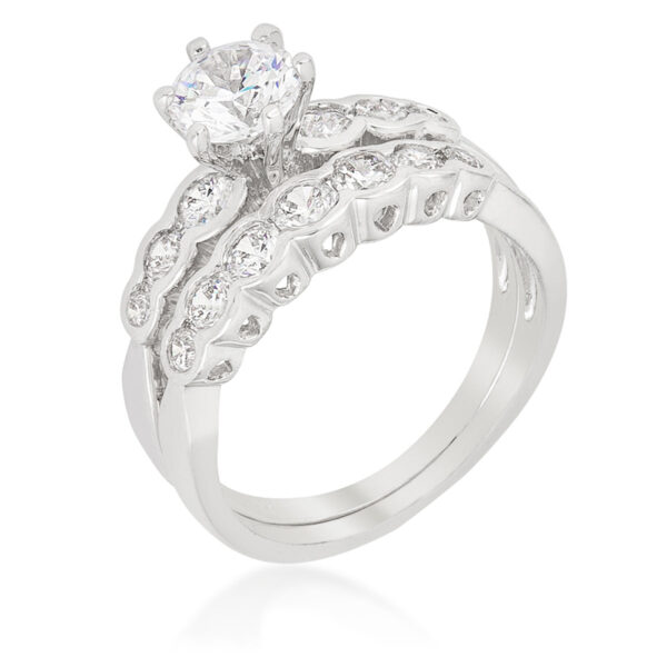 The set ring in rhodium plated over lead free alloy (brass) with round cubic zirconia in prong settings.