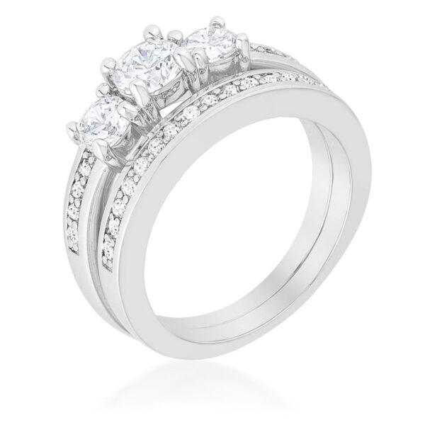 The ring with clear round cubic zirconia in a pavé setting, rhodium plated over lead free alloy (brass).