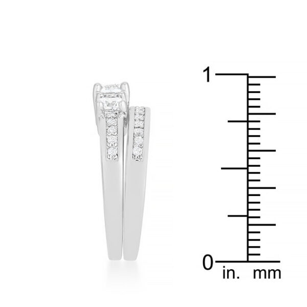 Engagement and eternity style ring set, rhodium plated over lead free alloy (brass), with clear cubic zirconia.