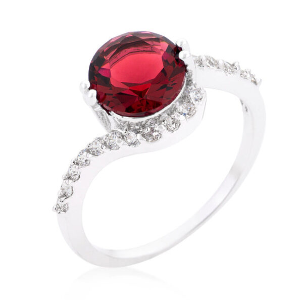 The ring with round cubic zirconia in prongs, rhodium plated over lead free alloy (brass).