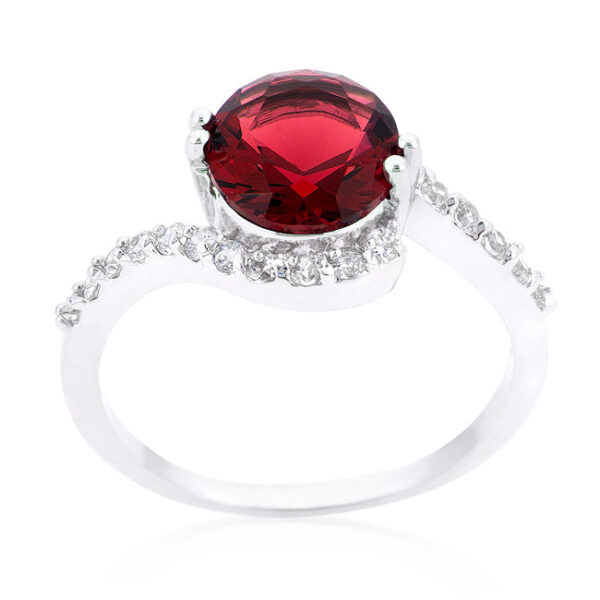 Round red cubic zirconia prong-set ring, rhodium plated over lead free alloy (brass), with a swirling engagement design.