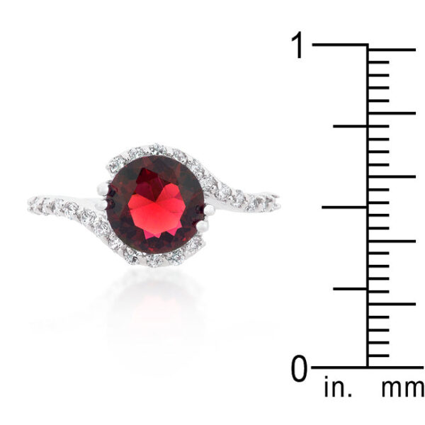 Swirling engagement ring with red round cubic zirconia in prongs and rhodium plated over lead free alloy (brass).