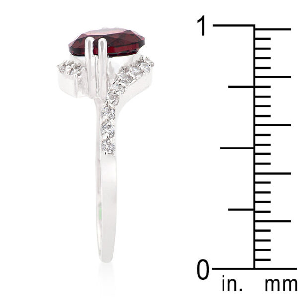 Red cubic zirconia ring in a swirling engagement design, rhodium plated over lead free alloy (brass).