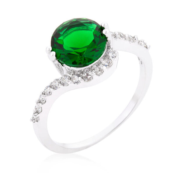Green swirling engagement ring with round cubic zirconia in prongs, rhodium plated over lead free alloy (brass).