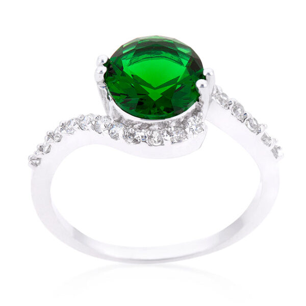 Green round cubic zirconia prong ring with 2.6 ct total stone weight and rhodium plated over lead free alloy (brass).