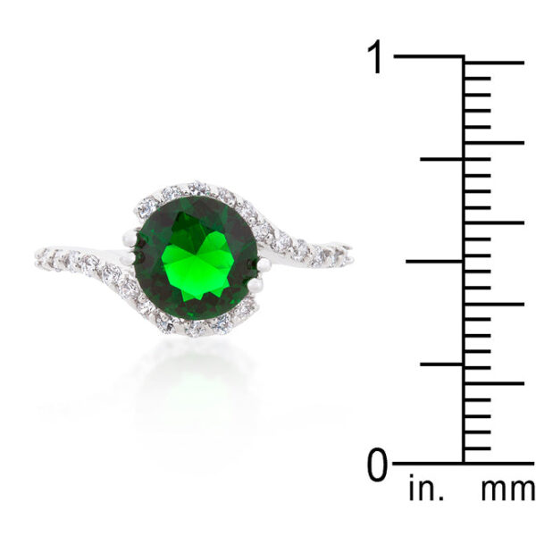 Swirling green cubic zirconia engagement ring in prongs, rhodium plated over lead free alloy (brass).