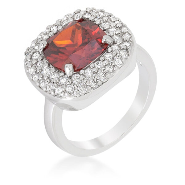 Micropave red bridal cocktail ring with genuine red cushion-cut cubic zirconia in a prong setting.