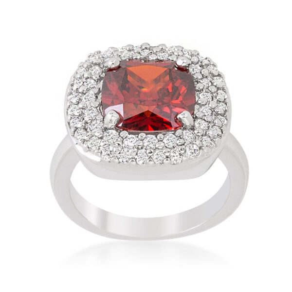 Red bridal cocktail ring, rhodium plated over lead free alloy (brass), with cushion-cut cubic zirconia.