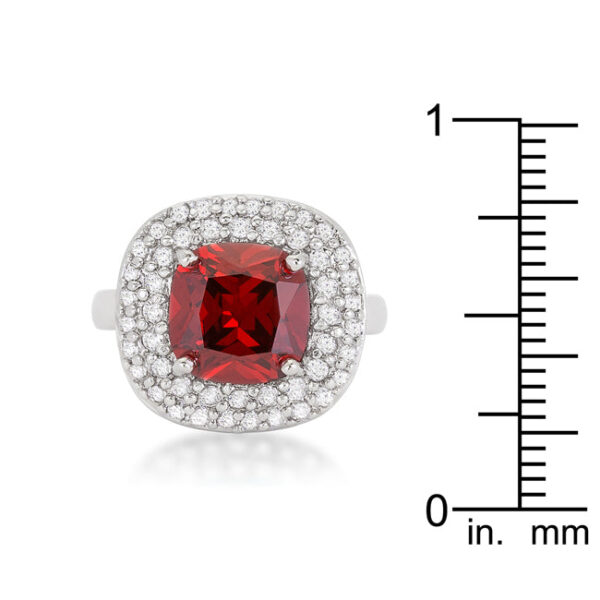 10 Mm cushion-cut genuine red cubic zirconia in a prong setting on a bridal cocktail ring.