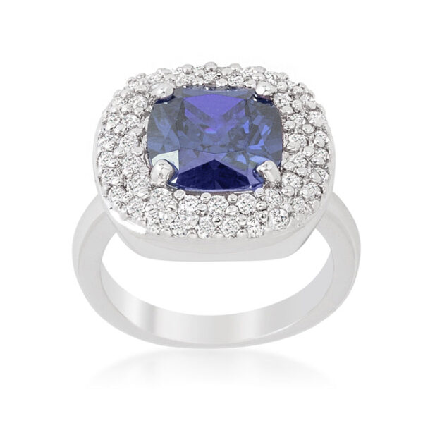 Micropave lavender purple bridal cocktail ring with cushion-cut cubic zirconia in a prong setting, rhodium plated over lead free alloy (brass).