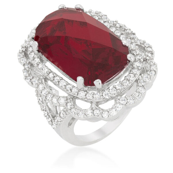 Red cubic zirconia cocktail crest ring, rhodium plated over lead free alloy (brass).