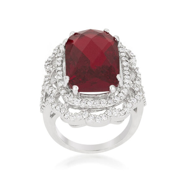 Red cocktail crest ring with red faceted cubic zirconia in prongs, rhodium plated over lead free alloy (brass).