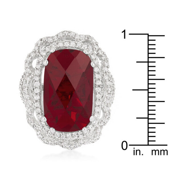 Red faceted cubic zirconia crest ring in prongs with 25.8 ct total stone weight.