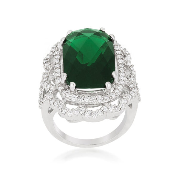 Green crest cocktail ring with faceted cubic zirconia in prongs, rhodium plated over lead free alloy (brass).