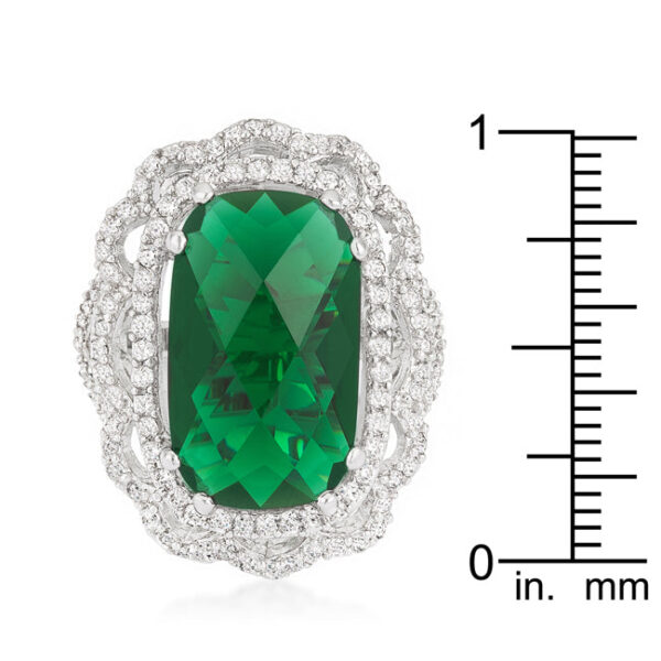 Green faceted cubic zirconia cocktail ring in prongs, rhodium plated over lead free alloy (brass).