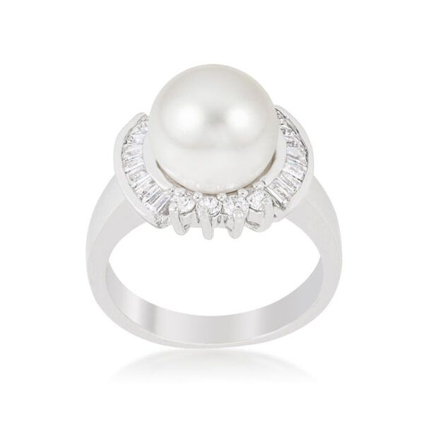 Bridal ring with baguette and round cubic zirconia in a channel setting, a simulated pearl, and 0.2 (ct) total carat weight.