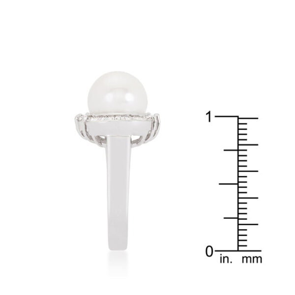 Rhodium plated over lead free alloy (brass) bridal ring with cubic zirconia and a simulated pearl.